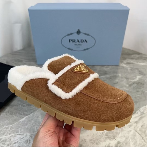 Prada Brown Suede Slippers with White Fur - Picture 7 of 8
